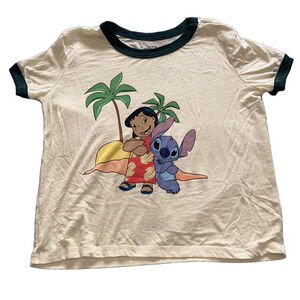 Juniors Disney Lilo and Stitch Graphic Tee Shirt Size L Cream Green